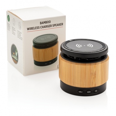 Logotrade Werbeartikel das Foto: Bambus Wireless Charger und Lautsprecher