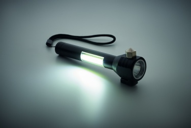 Logotrade Werbeartikel das Foto: 3-in-1 Aluminium-Taschenlampe mit Nothammer und Sicherheitsgurt-Schneider, individuell bedruckbar.