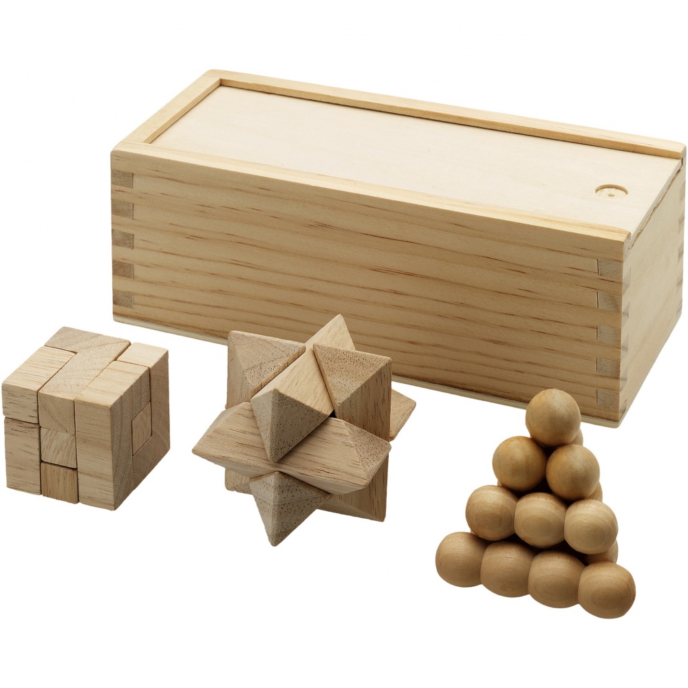 Logo trade promotional merchandise picture of: Brainiac 3-piece wooden brain teaser set