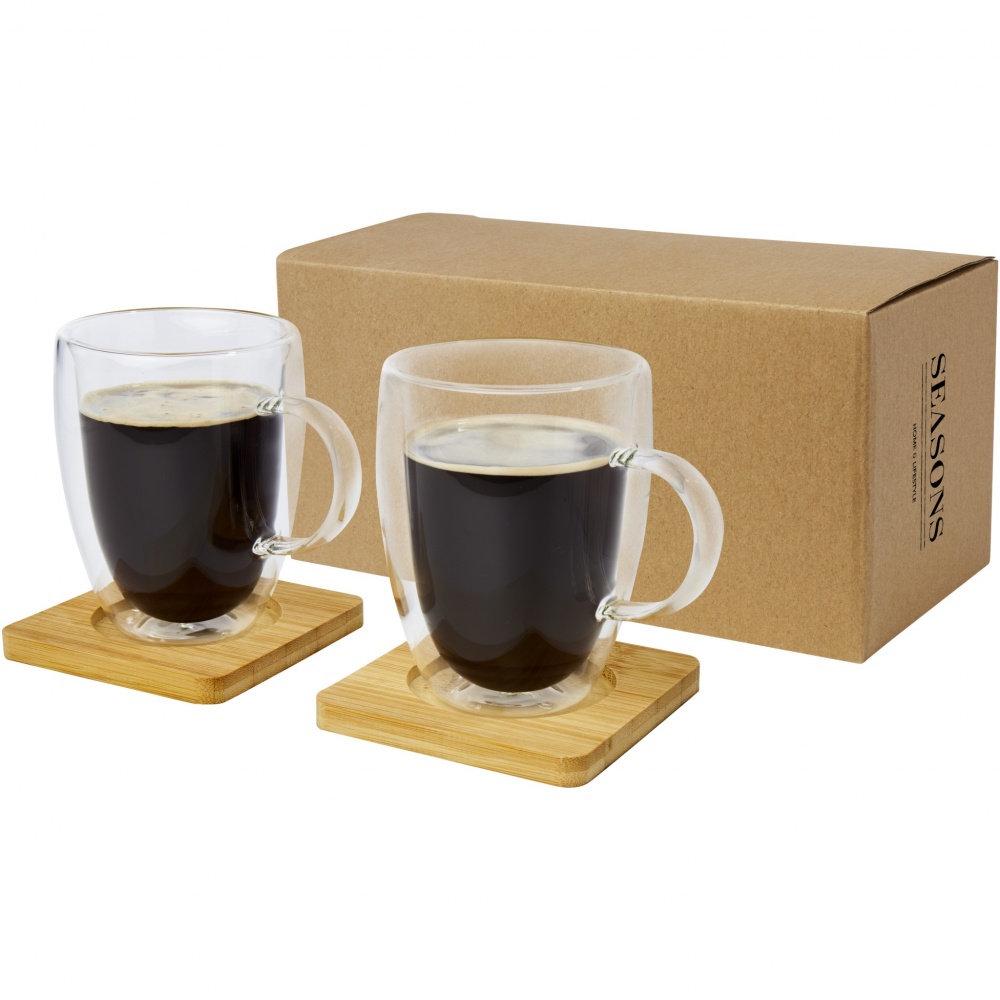 Logotrade promotional giveaway image of: Manti 2-piece 350 ml double-wall glass cup with bamboo coaster 