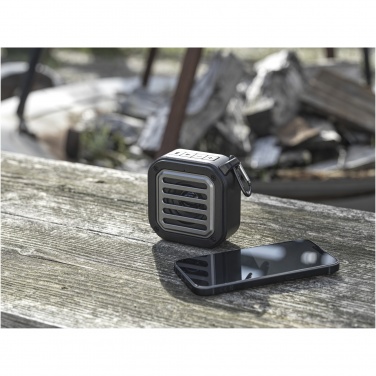 Logotrade advertising products photo of: Solo 3W IPX5 RCS recycled plastic solar Bluetooth® speaker with carabiner 