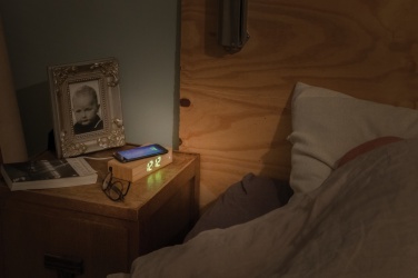 Logotrade corporate gift image of: Bamboo alarm clock with 5W wireless charger