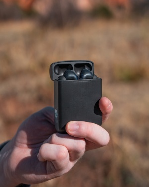 Logo trade advertising product photo of: Skywave RCS recycled plastic solar earbuds