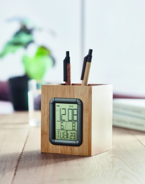 Logo trade promotional giveaway photo of: Bamboo pen holder and LCD clock