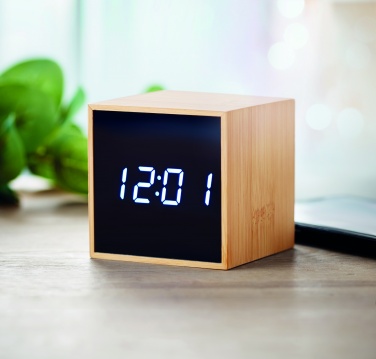 Logo trade business gifts image of: LED alarm clock bamboo casing Dortmund