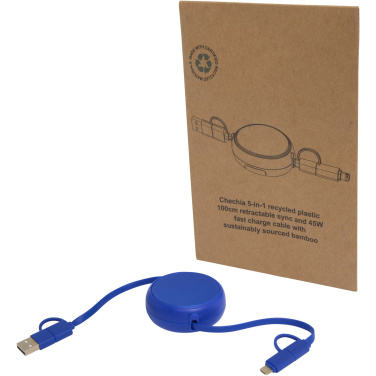 Logo trade promotional giveaways image of: Alasia 5-in-1 100 cm recycled plastic and aluminium retractable data sync and 45W fast charge cable