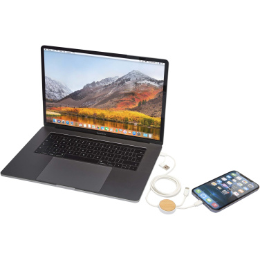 Logo trade advertising products picture of: Chechia 5-in-1 recycled plastic 150 cm data sync and 27W fast charge cable with bamboo details