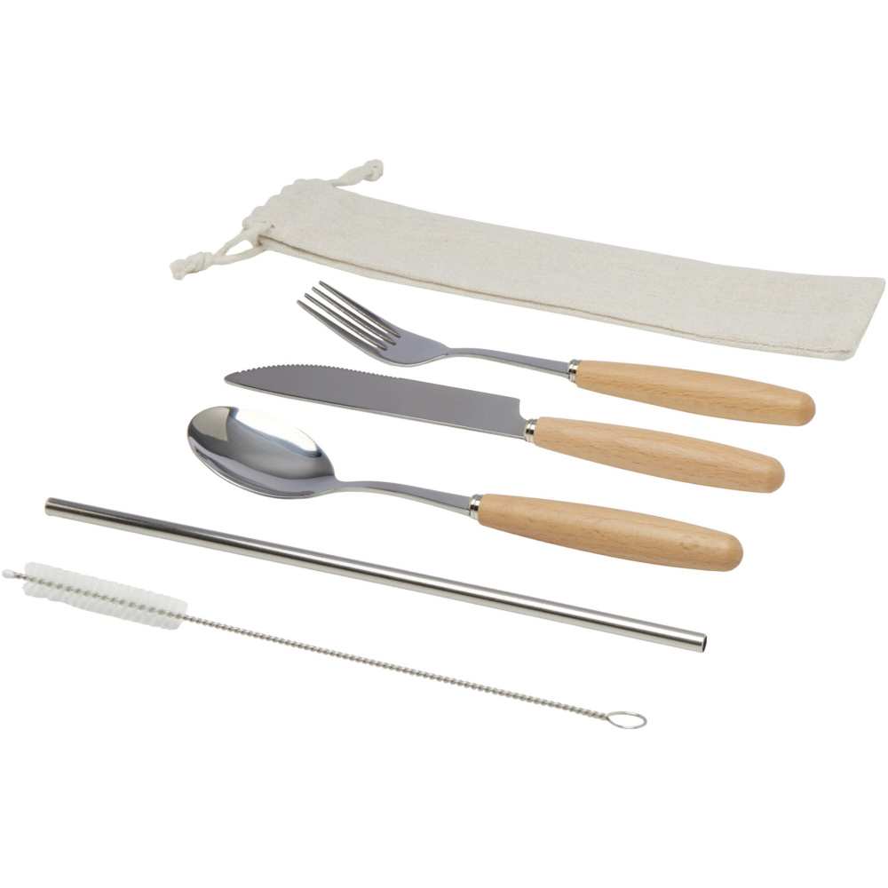 Logo trade promotional giveaways picture of: Root 5-piece stainless steel and beech wood cutlery set