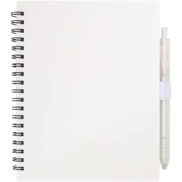 Logo trade promotional merchandise photo of: Niove recycled plastic soft cover notebook and ballpoint pen set (blue ink)