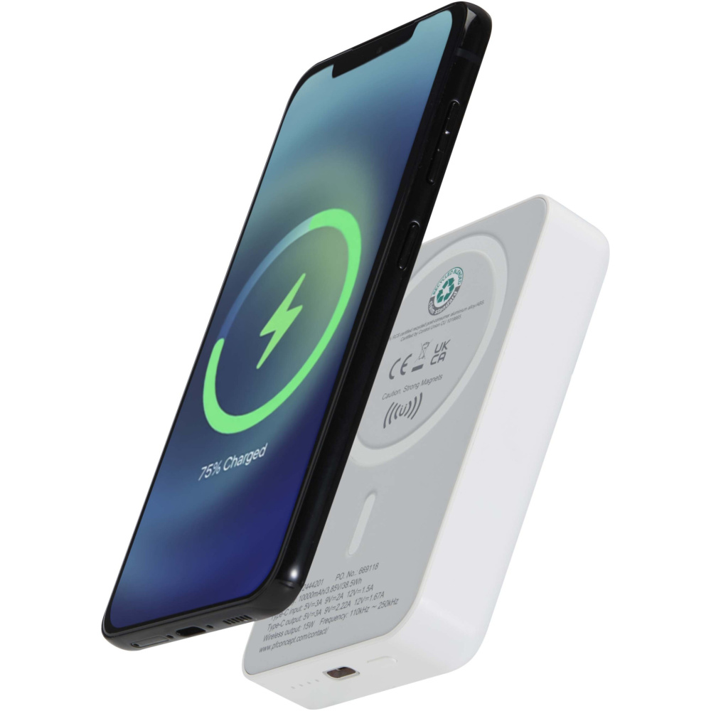 Logotrade advertising product picture of: Acrab 10.000 mAh 15W magnetic wireless power bank with 20W PD - made from recycled plastic