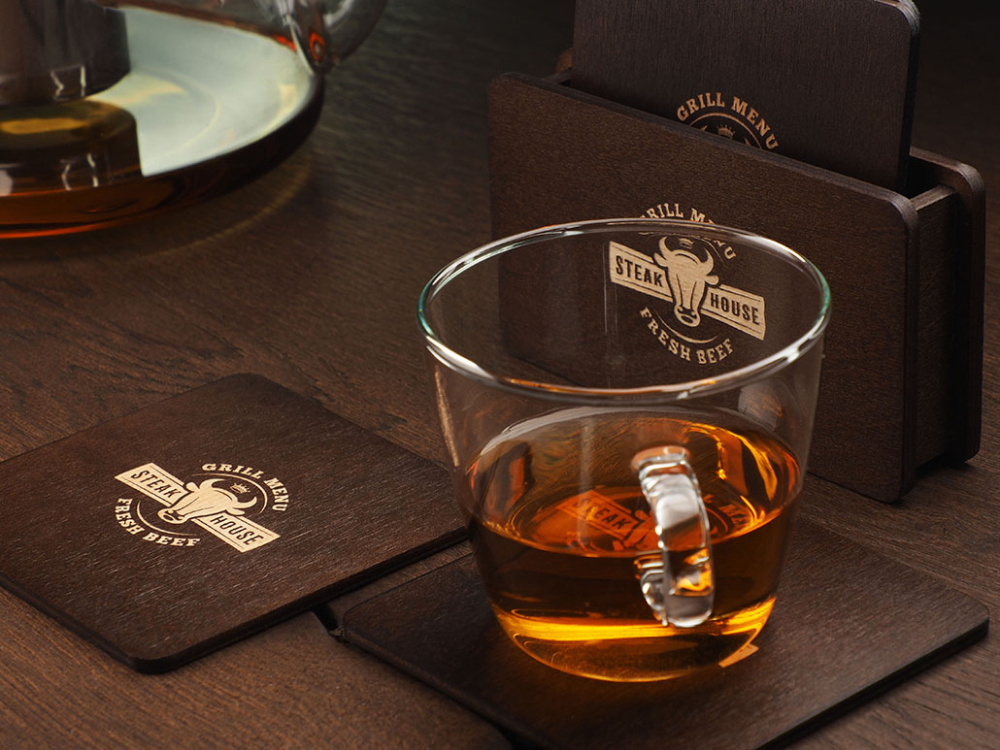 Logo trade liikelahja mainoslahja tuotekuva: Puinen laatikko, jossa 4 lasinalustaa 1871121