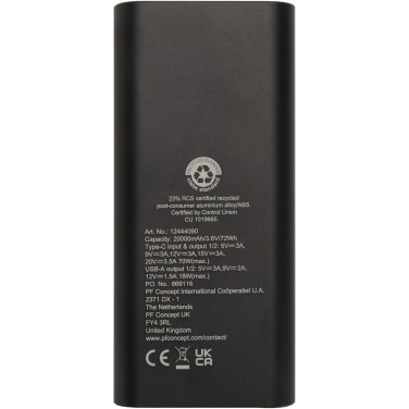 Logo trade mainostuote kuva: Acamar 20 000 mAh:n ja 70 W:n kannettavan tietokoneen varavirtalähde kierrätetystä alumiinista