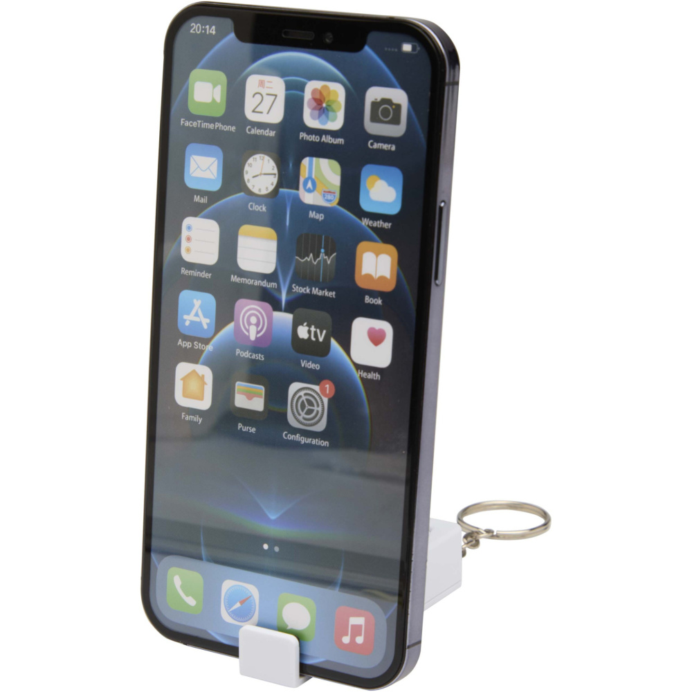 Logotrade mainostuote tuotekuva: Aggia bambuinen puhelinjalusta ja kierrätetystä muovista tehty hypistelylelu