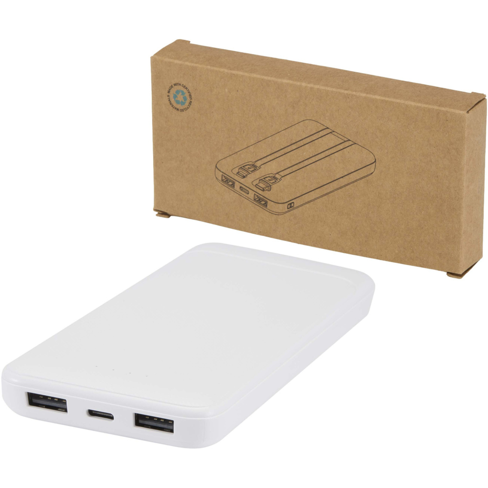 Logotrade dāvanas foto: Adhil 10.000 mAh 10W pārstrādātas plastmasas pārnēsājamais akumulators ar 2 iebūvētiem kabeļiem
