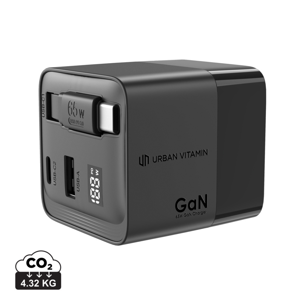 Logotrade profilprodukter bild: Urban Vitamin Mendocino 65W GaN-laddare med utdragbar kabel